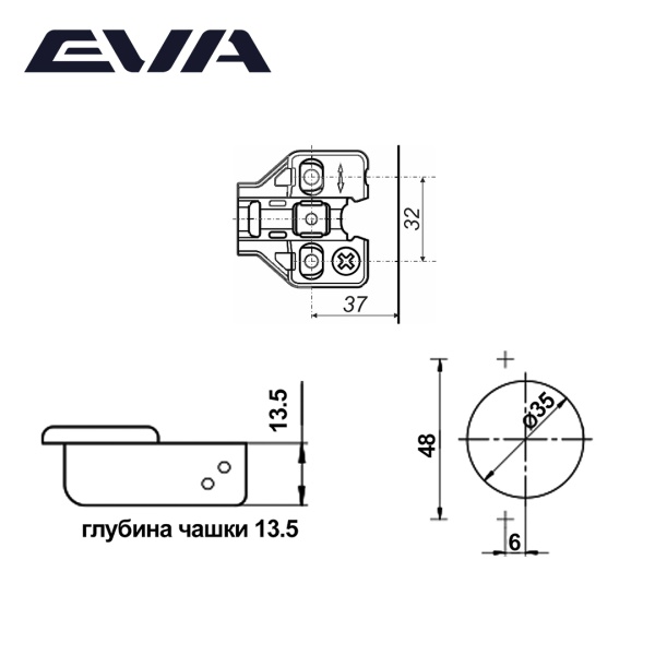 Петля мебельная с монтажной планкой и амортизатором EVA Initial 2way 4D вкладная 90/105 48 мм фото