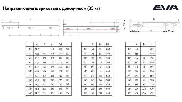 Направляющие шариковые для ящиков EVA Soft 45 мм 35 кг с доводчиком 400 мм фото